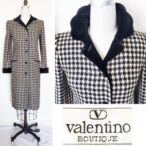 Valentino Boutique Womens Vintage Black White Houndstooth Wool Velvet Coat